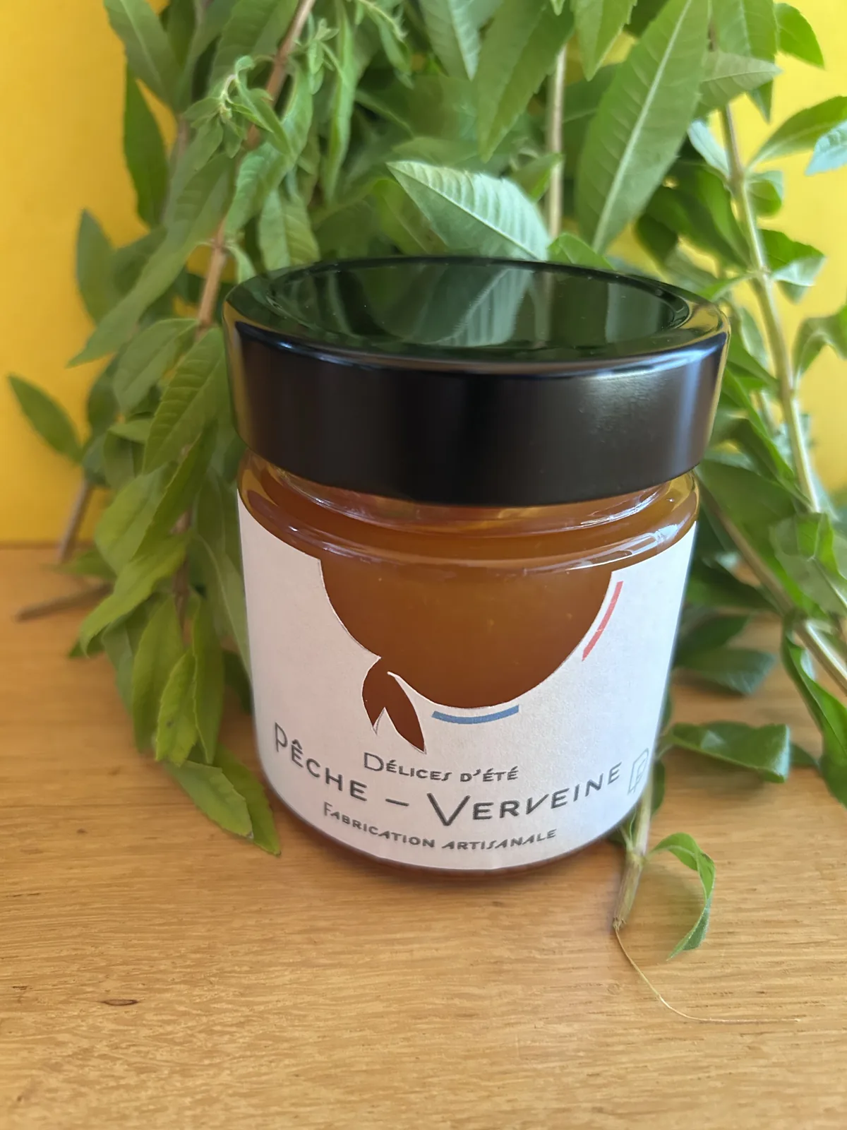 Pot de confiture artisanale Peches Jaune et Verveine Citronnée, Colorées