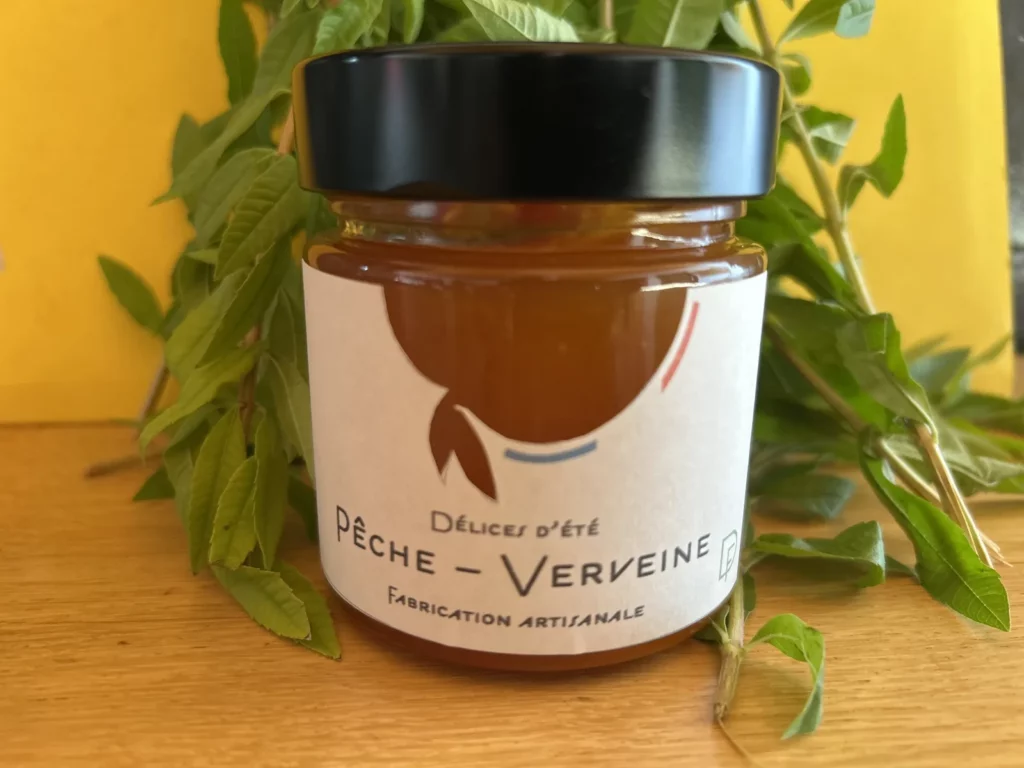 Pot de confiture artisanale Peches Jaune et Verveine Citronnée, Colorées